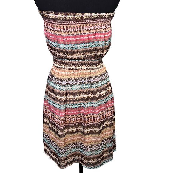 YA Los Angeles Size M Strapless Silk Southwest Print Mini Dress Leather Lace - Picture 2 of 10